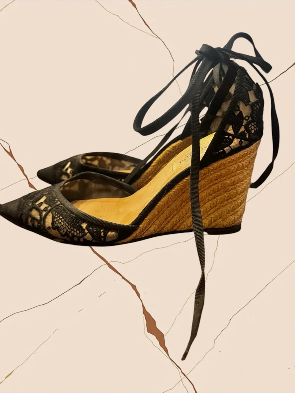 VALENTINO black lace mesh wedge pumps